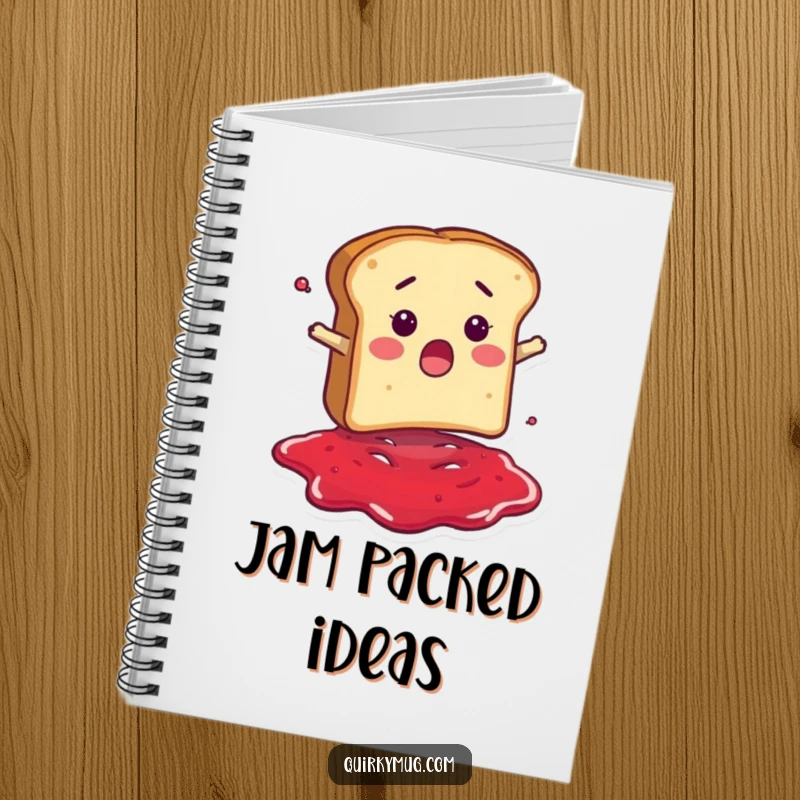 Funny notebook cover with a surprised bread slice character falling into jam, perfect for capturing sweet thoughts and ideas.