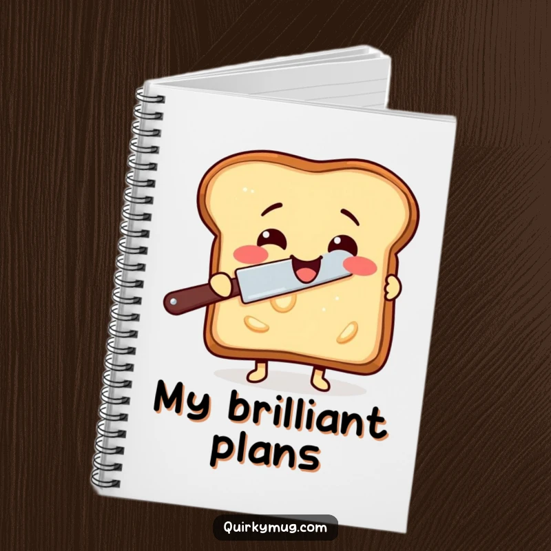 Funny notebook cover featuring a delighted slice of toast trying to butter itself with a rogue butter knife.