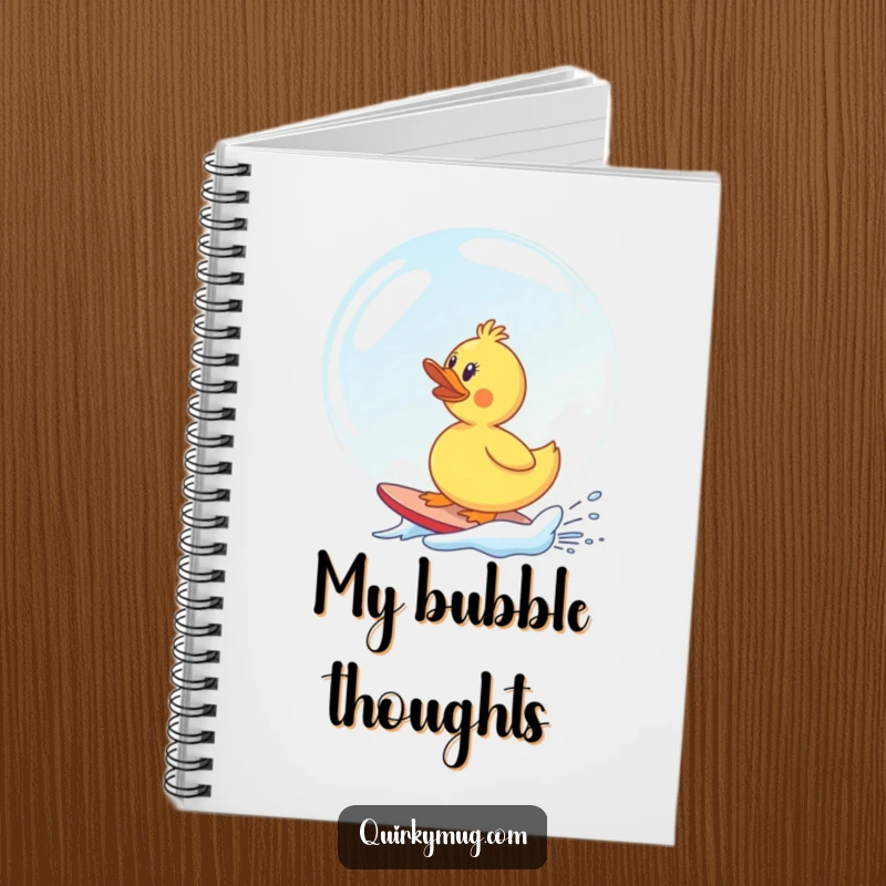 Funny rubber duck character comically surfing a giant soap bubble, a whimsical and humorous notebook.