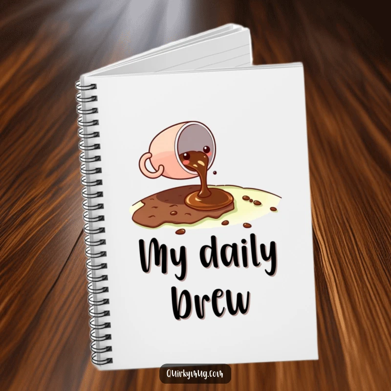 Funny Kawaii coffee cup character spilling a tiny amount of coffee on a vast landscape on a notebook, looking slightly embarrassed.