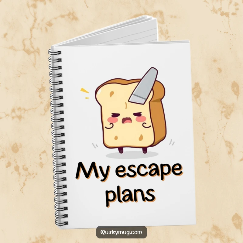 Funny notebook depicting a flustered toast character frantically trying to escape a butter knife, great for note-taking.