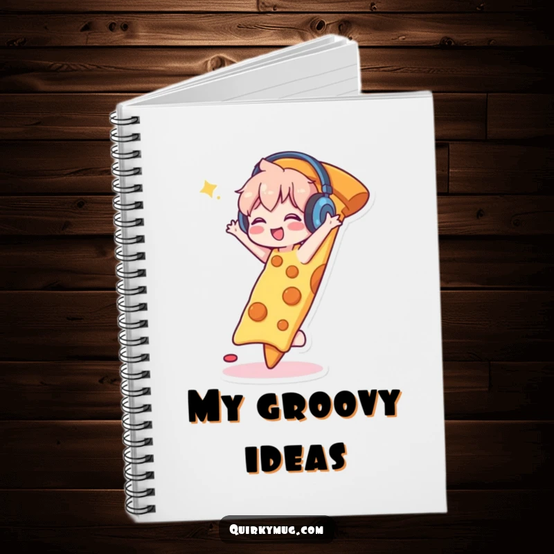 Funny notebook cover featuring a cute character wearing headphones, happily dancing on a giant slice of pizza, for jotting down fun ideas and plans.