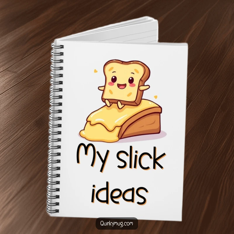 Funny Kawaii toast character sliding down a buttered ramp on the cover of this fun notebook.