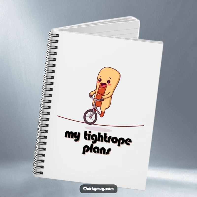 Funny notebook cover featuring a hot dog character on a unicycle on a tightrope, ideal for planning funny adventures or daily tasks.