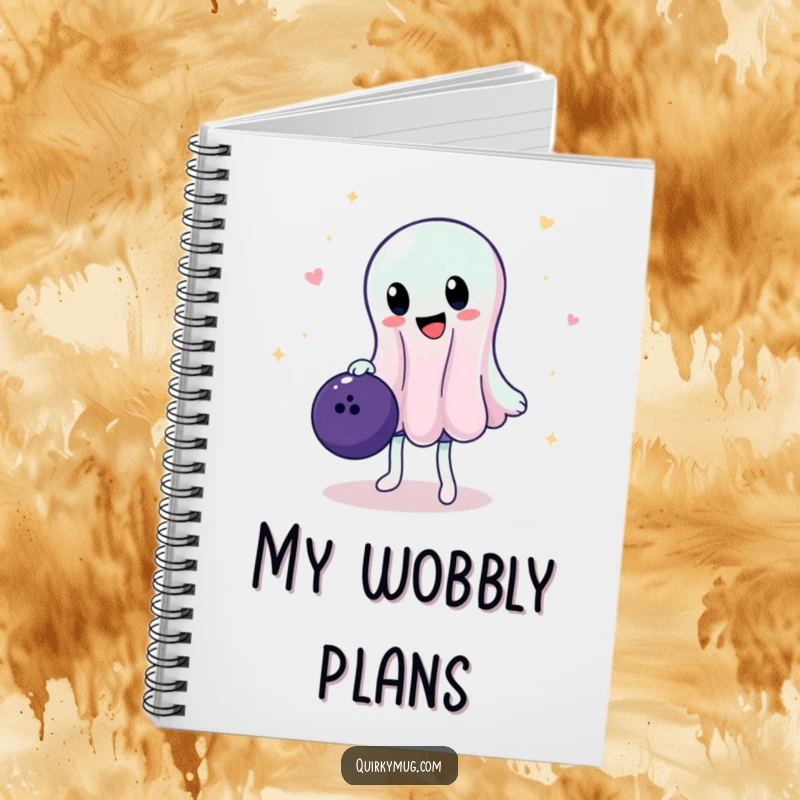 Funny notebook cover with a wobbly jelly character trying to balance a bowling ball, inspiring creative note-taking with a humorous twist.