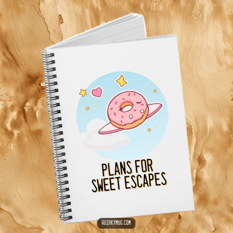 Funny notebook cover with a sleepy doughnut character dreaming of flying through the sky, encouraging sweet thoughts and plans.
