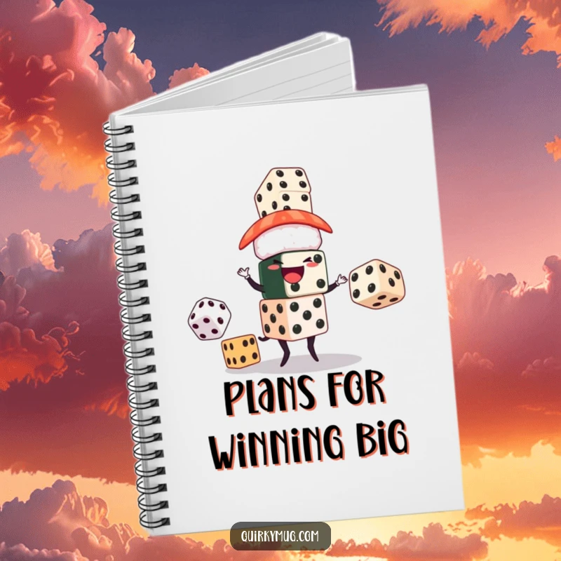 Funny notebook cover with a sushi character juggling oversized dice, encouraging creative thoughts and lucky plans with humor.