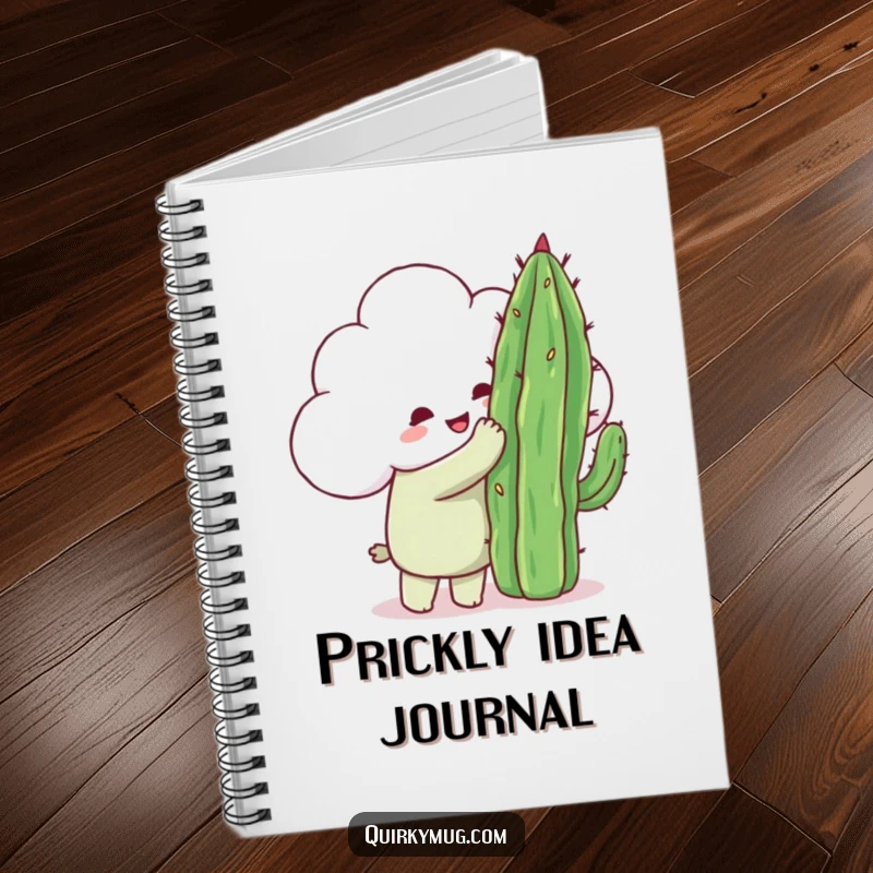 Funny happy cloud character trying to hug a very pointy cactus, a sweet and humorous notebook cover.