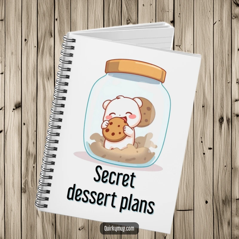 Funny notebook cover displaying a small creature gleefully attempting to sneak a cookie from a giant cookie jar, inspiring sneaky thoughts.