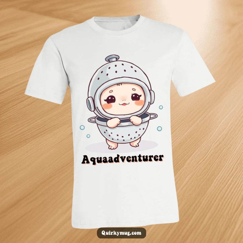 Funny t-shirt with a small creature humorously sporting a colander as a diving helmet, embarking on an imaginative aquatic quest.
