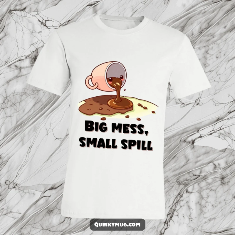 Funny Kawaii coffee cup character spilling a tiny amount of coffee on a vast landscape on a t-shirt, looking slightly embarrassed.