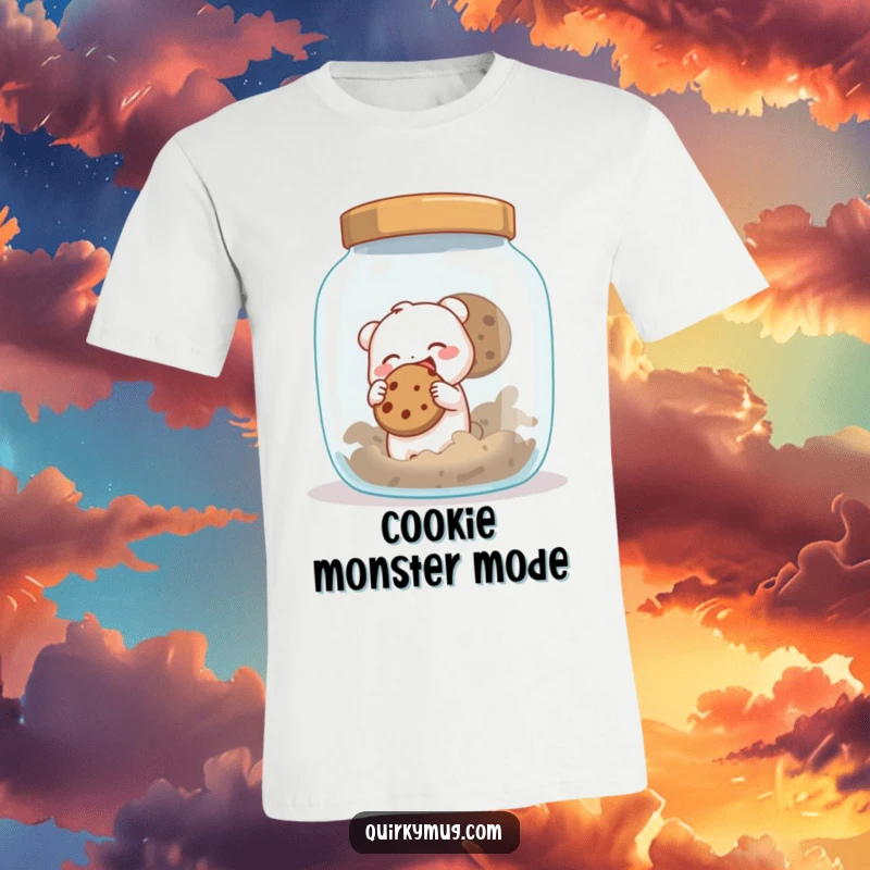 Funny t-shirt with a cute creature gleefully attempting to sneak a cookie from an enormous cookie jar, a symbol of delicious temptation.