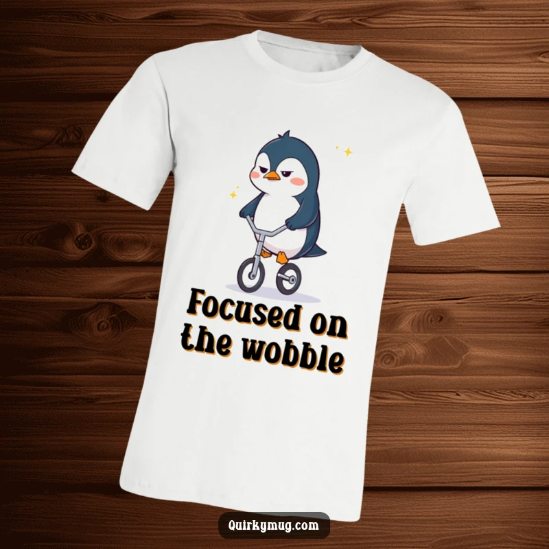 Funny determined penguin character in a t-shirt, frowning with concentration, balancing precariously on a miniature unicycle.