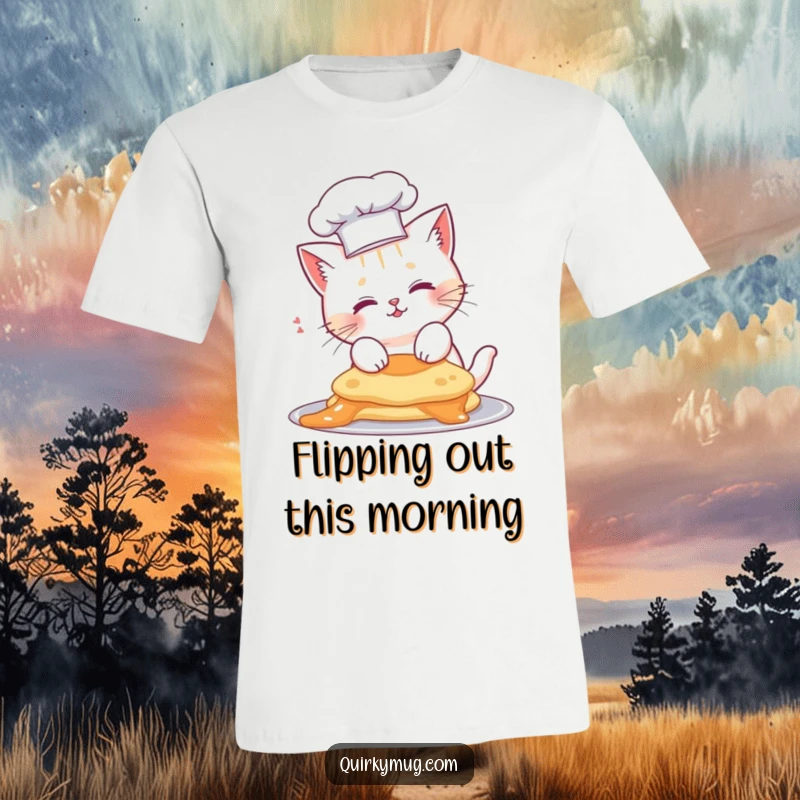 Funny cat chef t-shirt, cute cat wearing a chef hat, pancake lands on its head, culinary disaster.