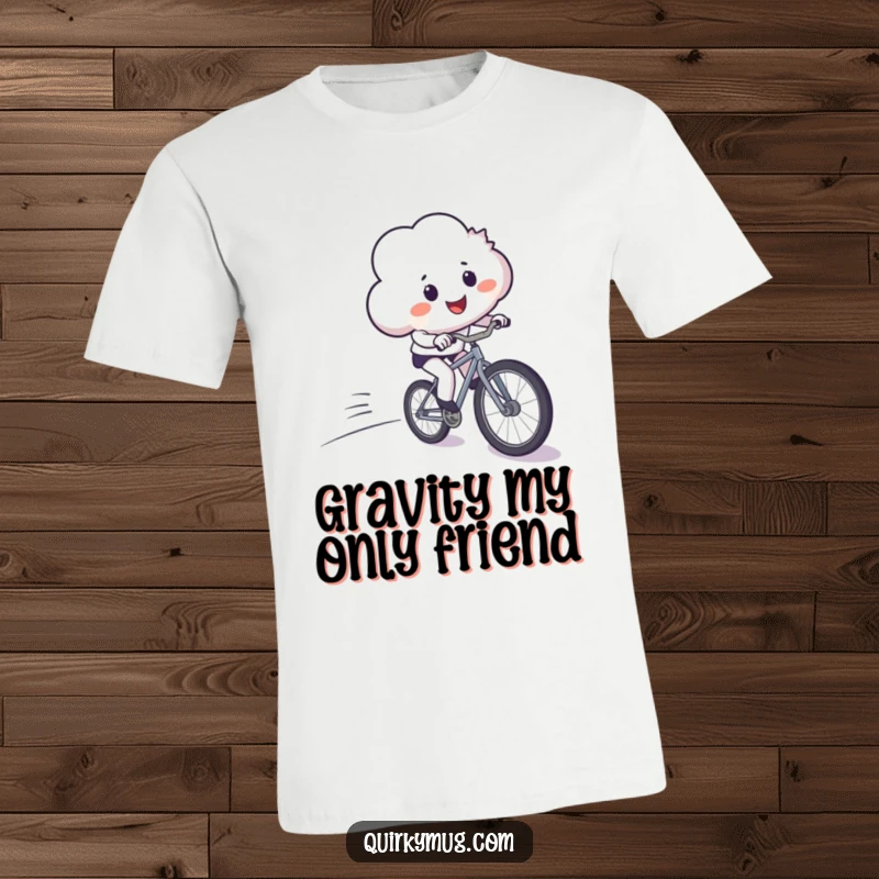 Funny t-shirt showcasing a smiling cloud comically losing control on a downhill bicycle ride, perfect for humor lovers.