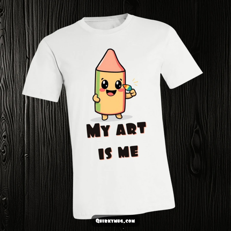 Funny t-shirt featuring a beaming crayon character with determination drawing its self-portrait with its own tip.