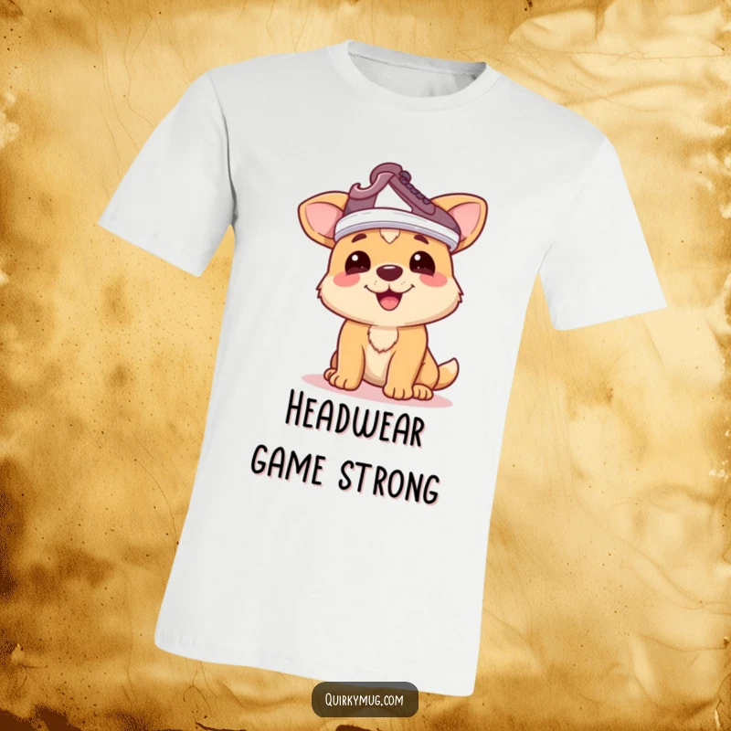 Funny dog t-shirt: Happy dog character attempting to wear a shoe on its head as a hat, comical and funny gift.