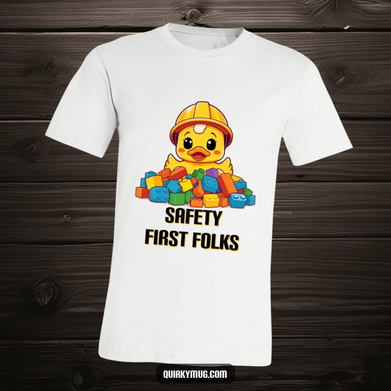 Funny rubber ducky wearing construction helmet bewildered by pile of LEGO bricks, a humorous t-shirt design.