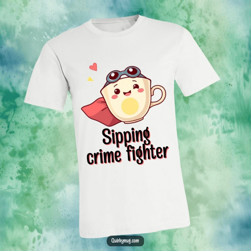 Funny t-shirt showcasing a happy teacup character in a superhero cape, joyfully flying sideways with incredible enthusiasm.
