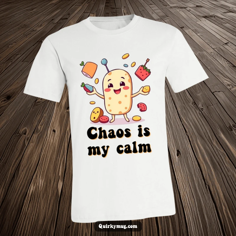 Funny t-shirt with a smiling food character in the middle of hilariously juggling mismatched items with a joyful, chaotic vibe.