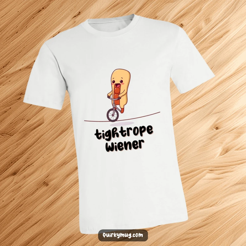 Funny t-shirt featuring a smiling hot dog character mastering a unicycle on a tightrope, exuding comical bravery and quirky charm.
