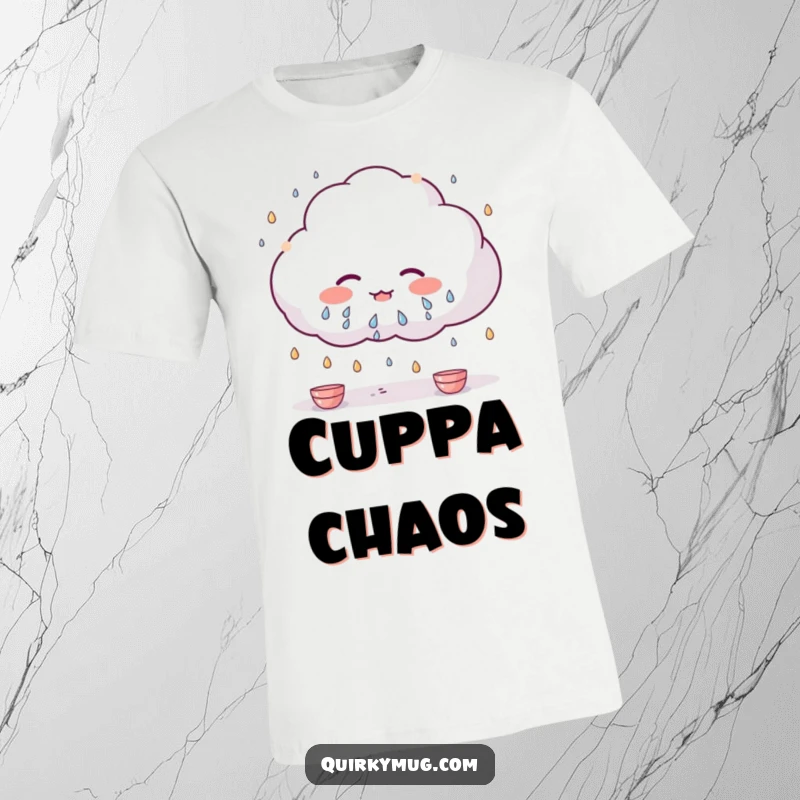 Funny Kawaii cloud character sweating profusely, raining tiny teacups, featured on this humorous t-shirt.