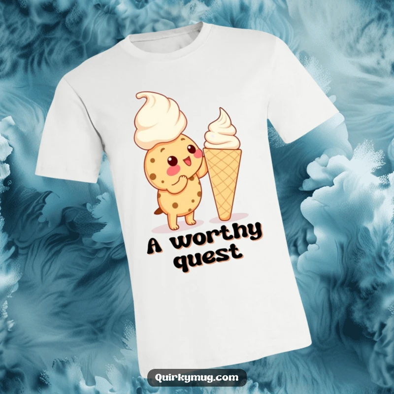 Funny Kawaii cookie character reaching up to lick a huge ice cream cone on a t-shirt, looking determined.