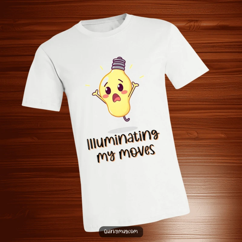 Funny anthropomorphic lightbulb glowing super bright while doing a cartwheel, a dynamic t-shirt graphic.