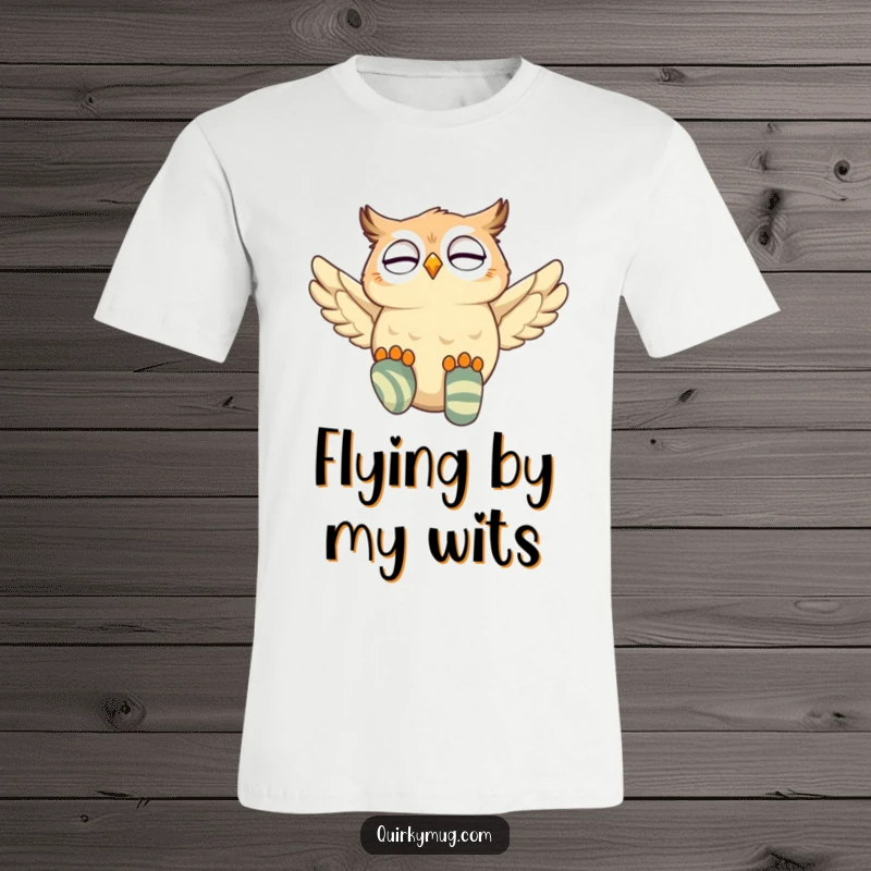 Funny giggling owl character in a t-shirt, comically trying to fly with huge, mismatched socks, mid-flight wobble.