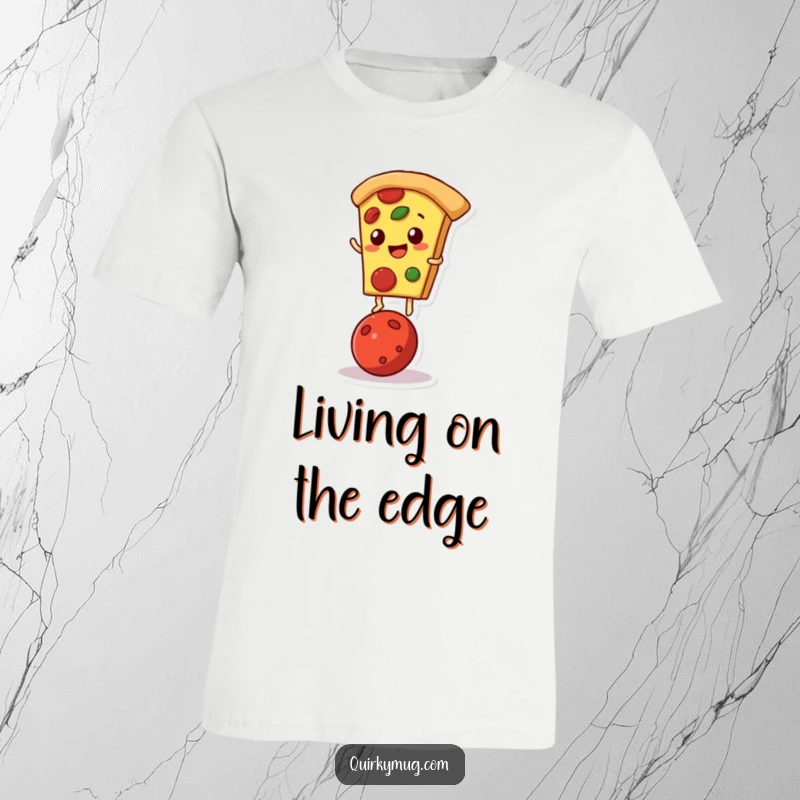 Funny t-shirt of a pizza slice character attempting to balance on a lone pepperoni slice.