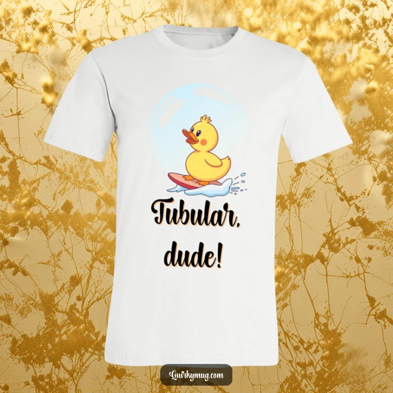 Funny rubber duck character comically trying to surf a giant, shimmering soap bubble, a playful and humorous t-shirt design.