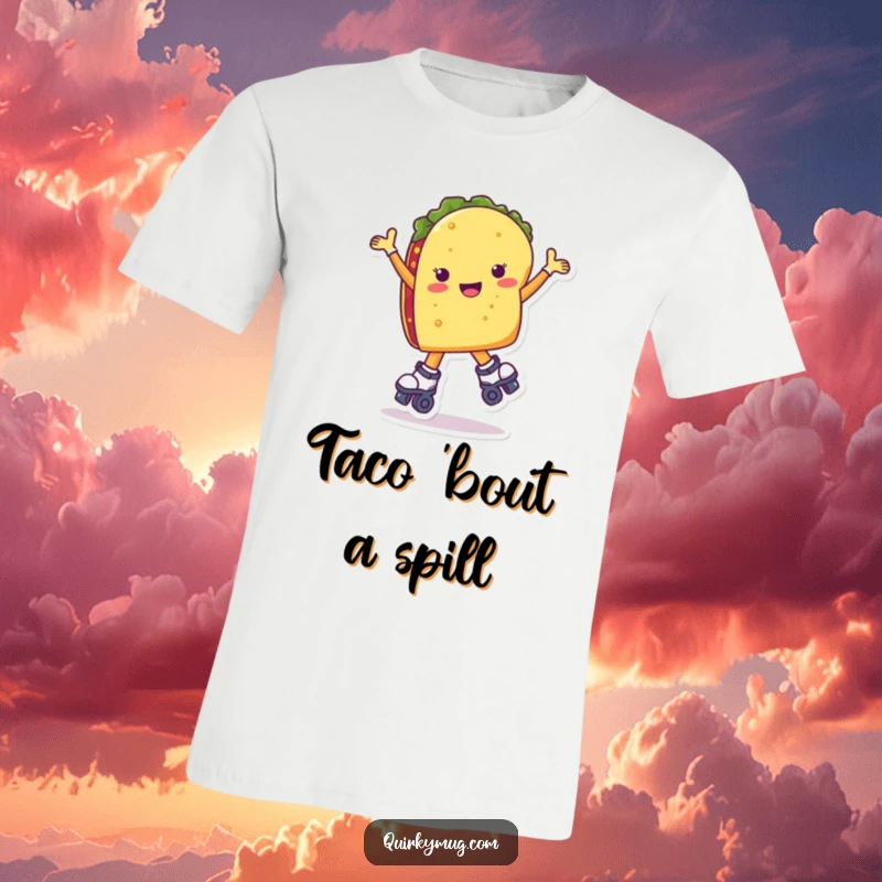 Funny taco character wearing roller skates, arms out, looking comically unstable, printed on a t-shirt.