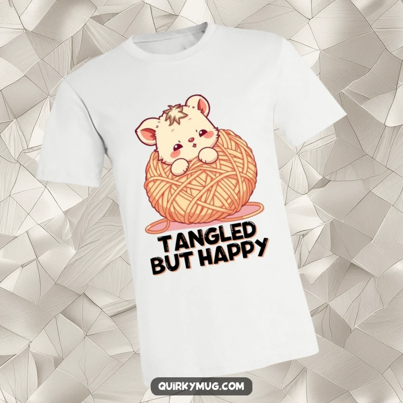 Funny Tangled Animal T-Shirt: A cute animal character playfully tangled in a giant ball of yarn, a humorous outfit.