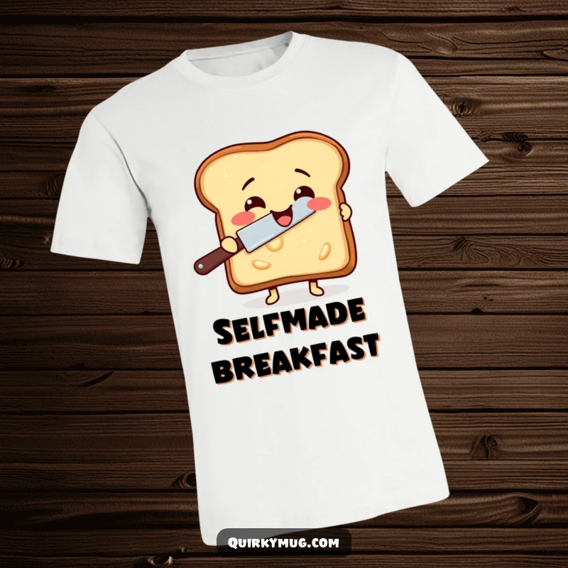 Funny t-shirt showing a delighted slice of toast attempting to butter itself with a rogue butter knife.