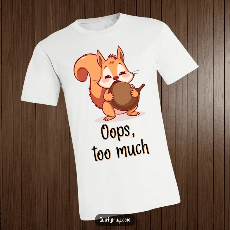 Funny surprised squirrel character in a t-shirt, eyes wide, with an enormous acorn stuck mid-swallow, representing overindulgence.