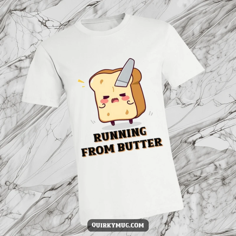 Funny t-shirt with a flustered toast character in a panic, trying to escape a looming butter knife.