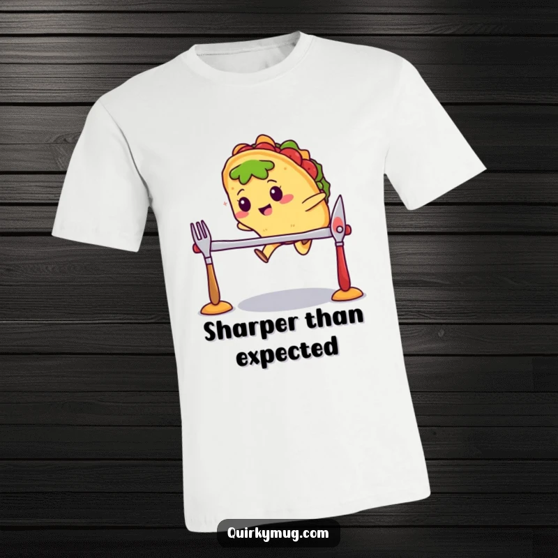 Funny Kawaii taco character mid-air, jumping over a hurdle made of cutlery on a t-shirt, looking athletic.