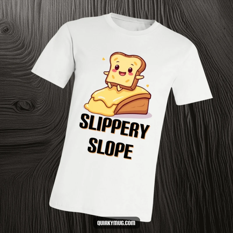 Funny Kawaii toast character gleefully on a buttered ramp, captured on this humorous t-shirt.