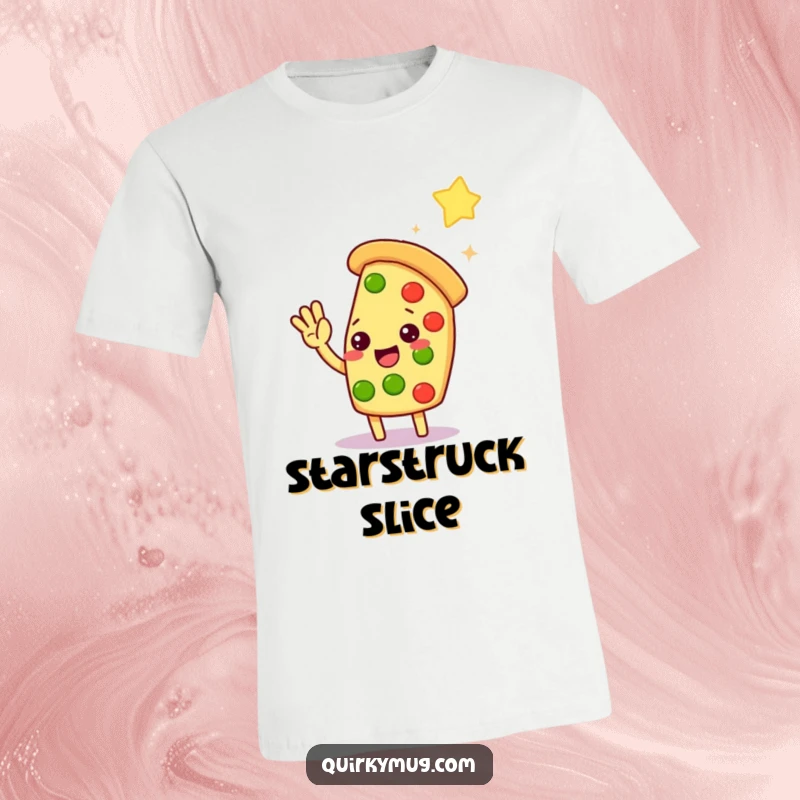 Funny Kawaii pizza slice character attempting a high-five with a distant star on this humorous t-shirt.
