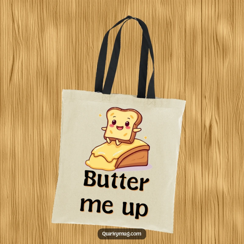 Funny Kawaii toast character on a buttered ramp, ready to carry your groceries in this fun tote bag.