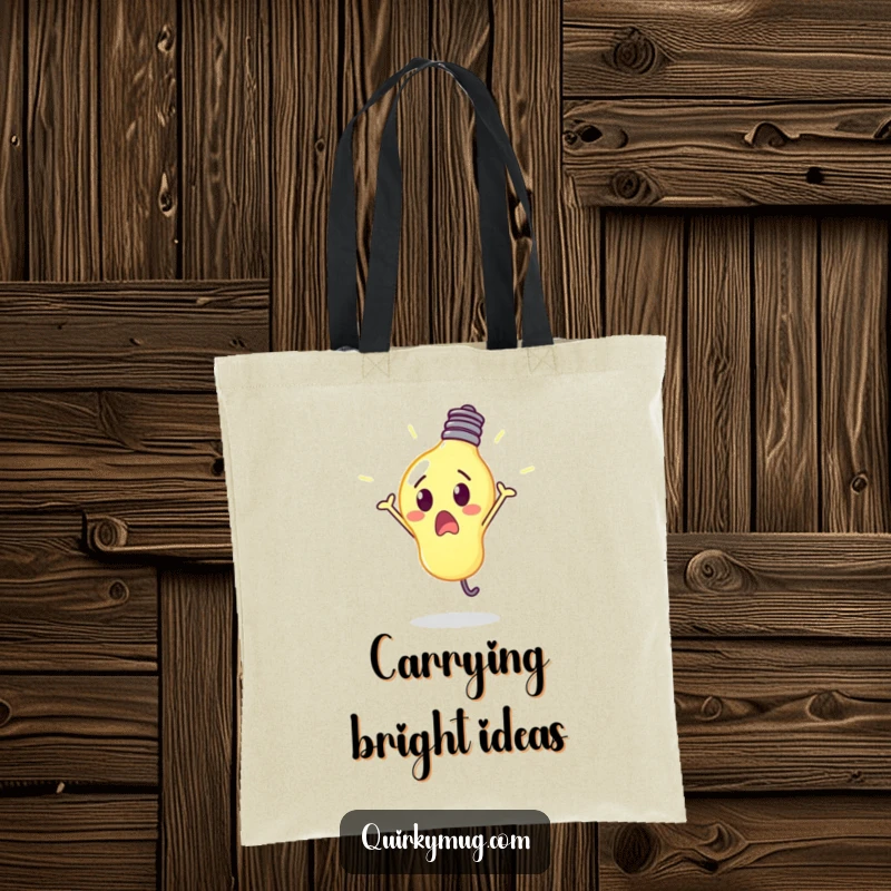 Funny, surprised lightbulb glowing brightly while doing a cartwheel, presented on a practical and funny tote bag.