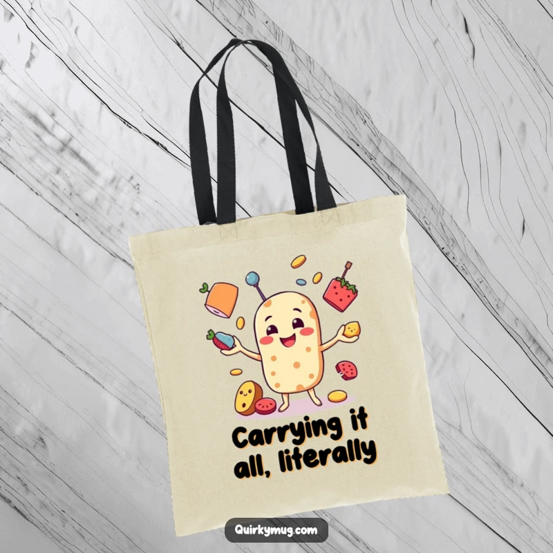 Funny tote bag depicting a smiling food character expertly juggling a variety of objects, adding a humorous touch to everyday tasks.