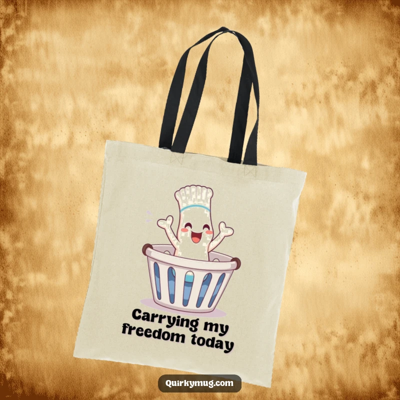 Funny sock character hopping out of laundry basket on a durable tote bag, a great funny gift.