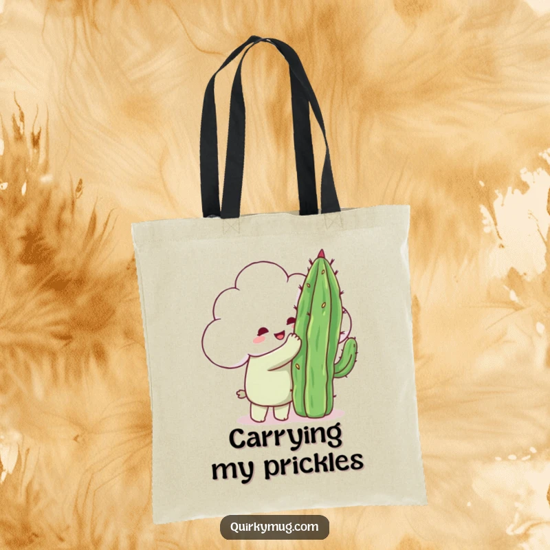 Funny fluffy cloud character trying to embrace a very pointy cactus, a whimsical tote bag design.