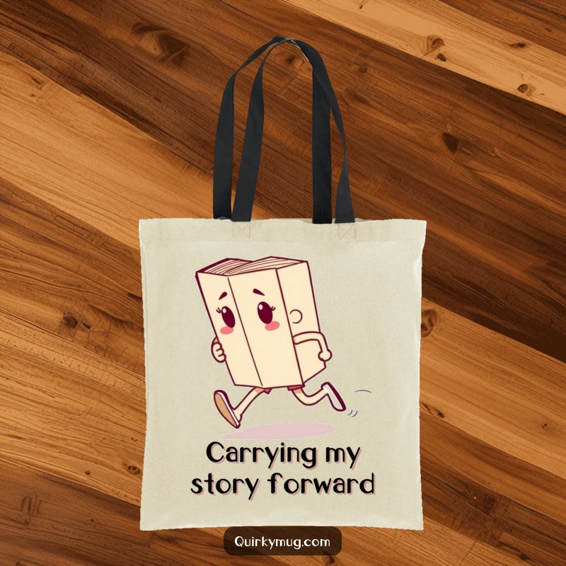 Funny tote bag showing a book character running a race, perfect for carrying books with a humorous, literary theme.
