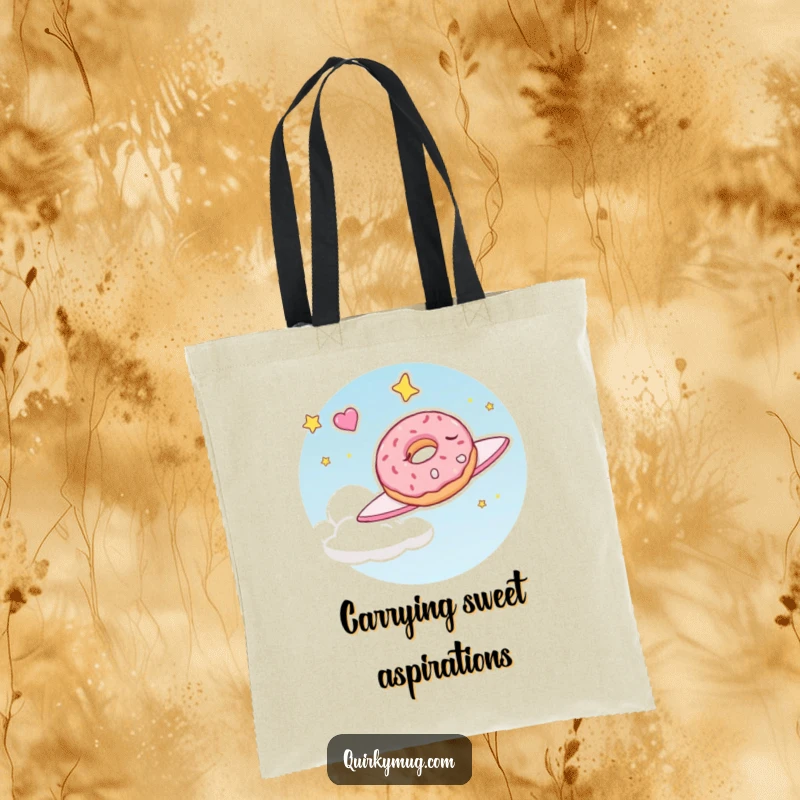 Funny tote bag showing a sleepy doughnut character flying through the sky, perfect for carrying essentials with a humorous, sweet theme.