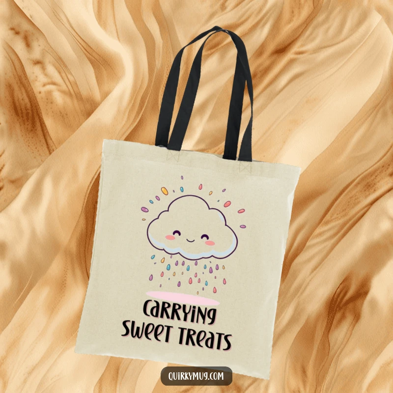 Funny cloud character showering oversized sprinkles, featured on a durable and charming tote bag.