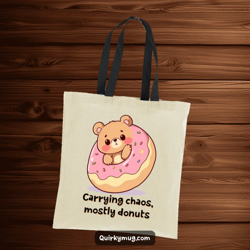 Funny tote bag: Cheerful bear character hilariously tripping over a giant rolling donut, looking comically surprised, perfect funny gift.