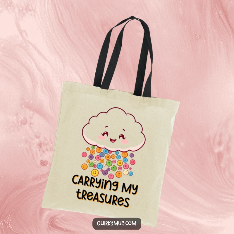 Funny tote bag featuring a mischievous cloud character showering tiny, colorful buttons, a practical and cheerful accessory.
