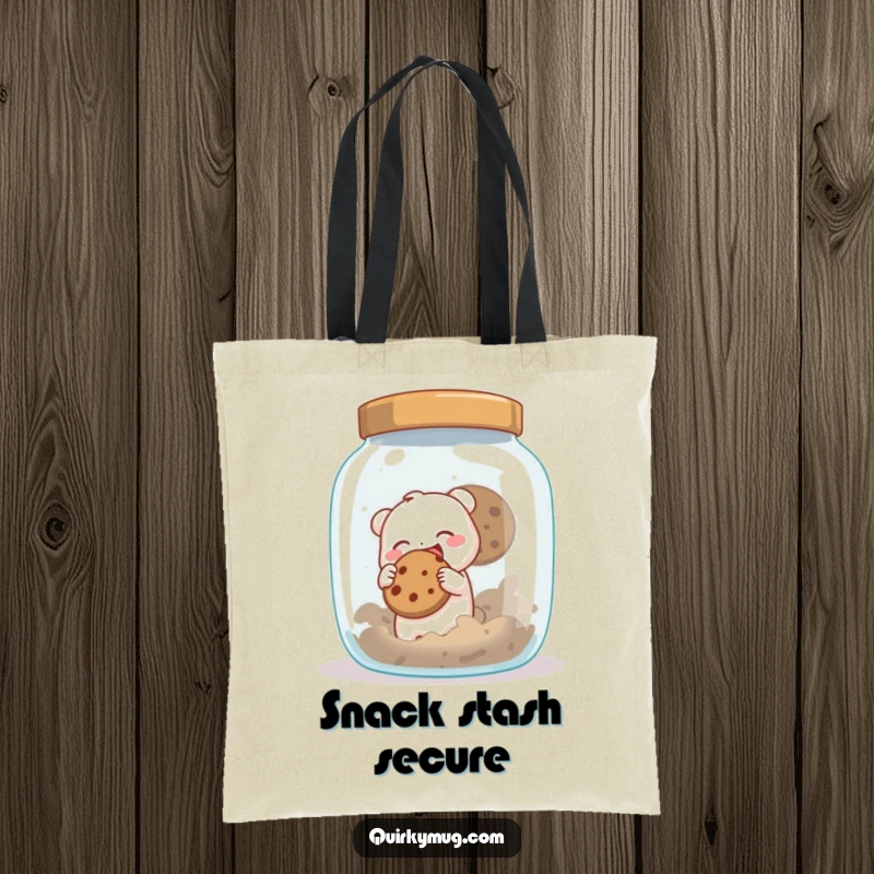 Funny tote bag depicting a little creature excitedly reaching for a massive cookie jar, a humorous scene of culinary ambition.